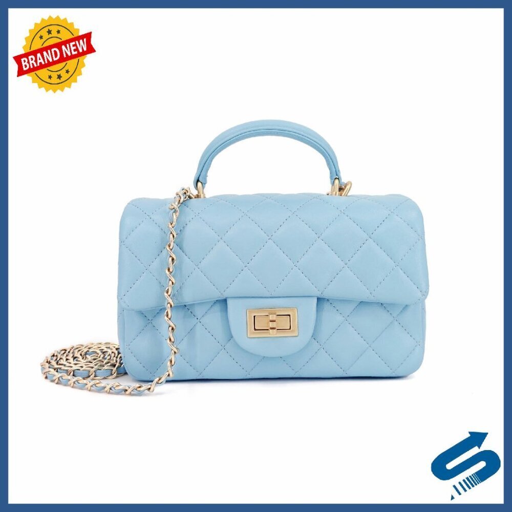 Genuine Leather Quilted Crossbody Bag with Gold Chain Strap